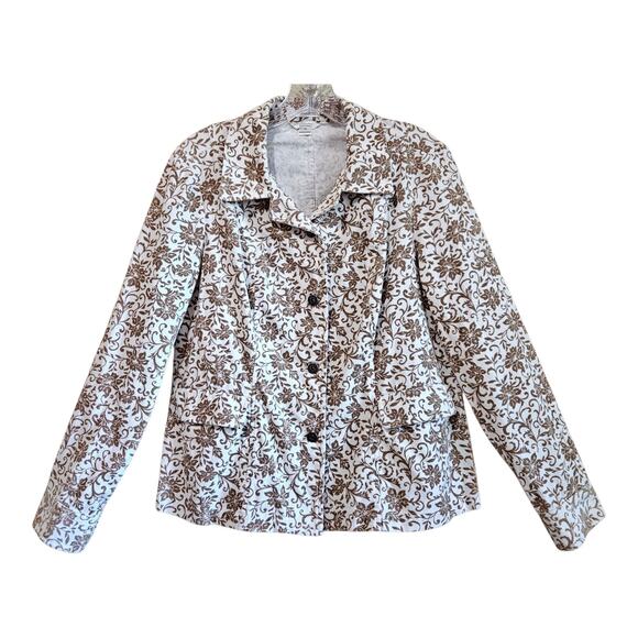CHRISTOPHER CJ BANKS Women M Corduroy Jacket Blazer Buttons Tan White Floral 38" - Picture 1 of 8